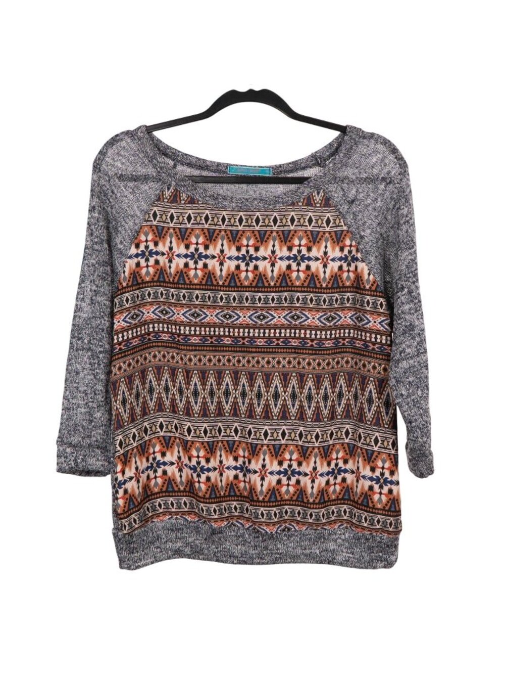 Blue Mixed Material Sweater XL VTG Raglan Knit Mixed Geometric Orange Southwest
